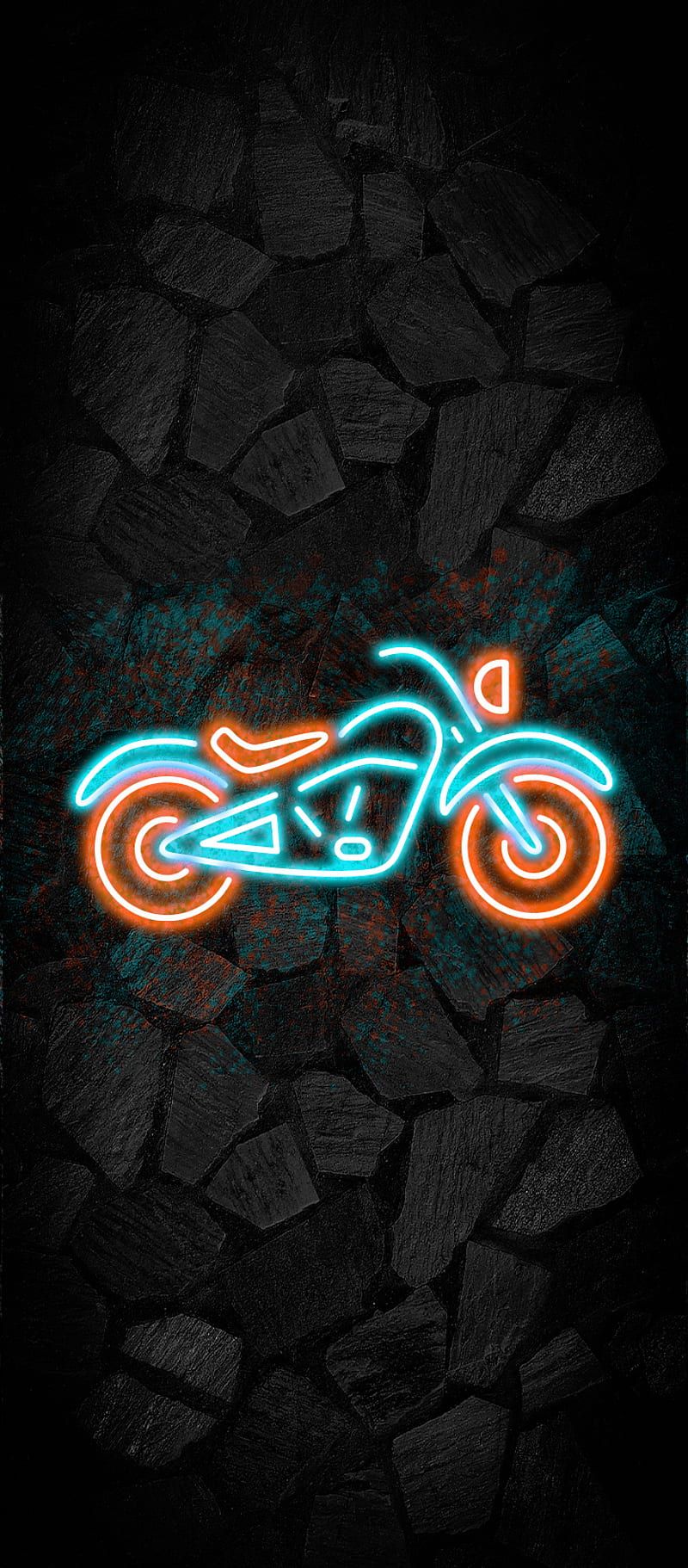 Motorrad, Neonschild, Türkis, Orange, Steinwand, HD, Hintergrundbild fürs Handy