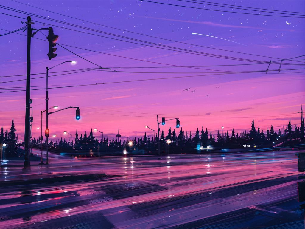 Straße, Ampel, Bäume, Lila Himmel, Abenddämmerung, Stromleitungen, Hintergrundbild fürs Tablet
