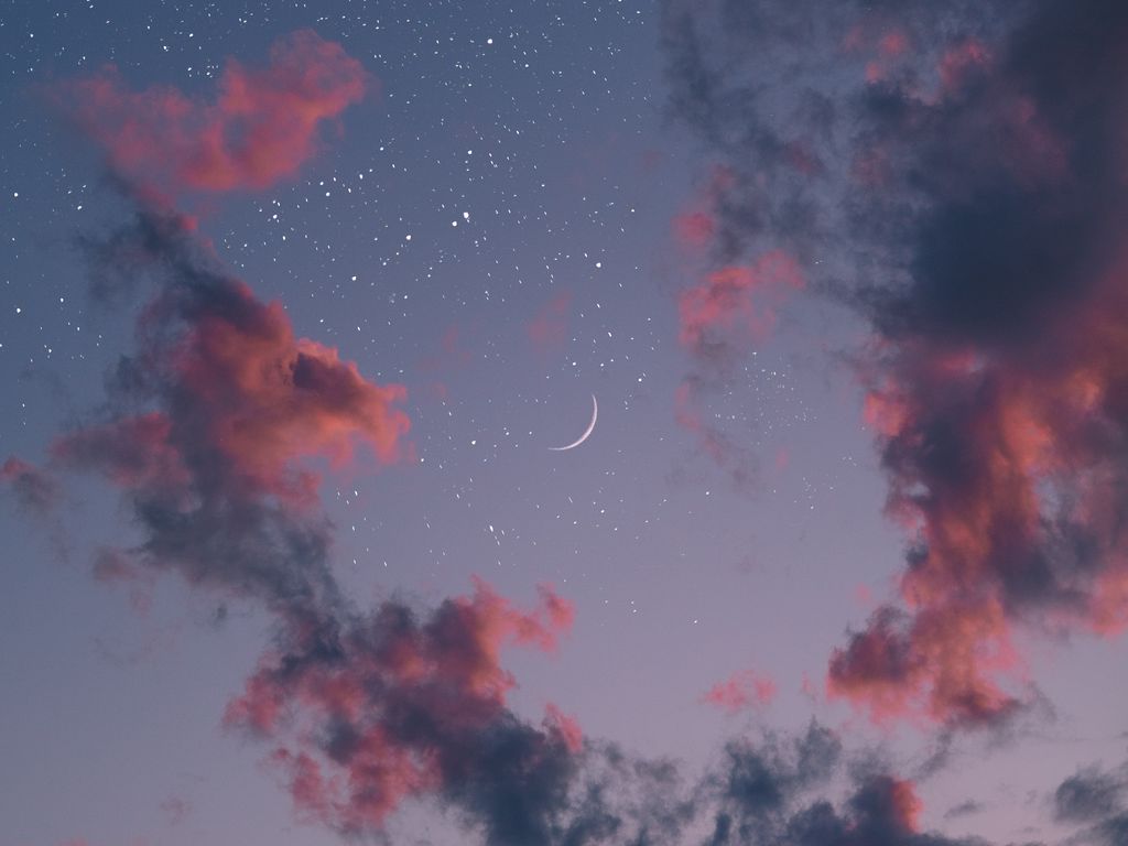 Wolken, Mondsichel, Sterne, Nachthimmel, Rosa Wolken, Hintergrundbild für iPad und Tablet