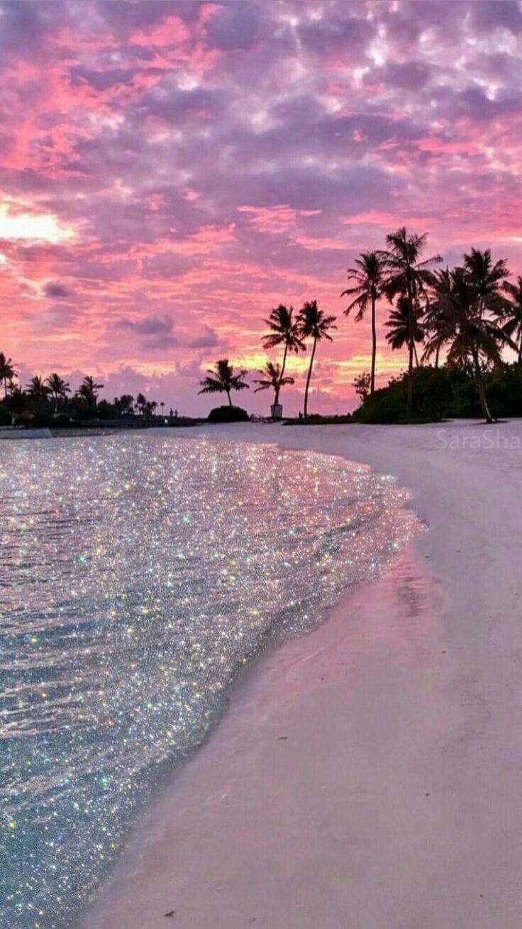 Strand, Palmen, Rosa Wolken, Tropen, Meer, HD, Hintergrundbild fürs Handy