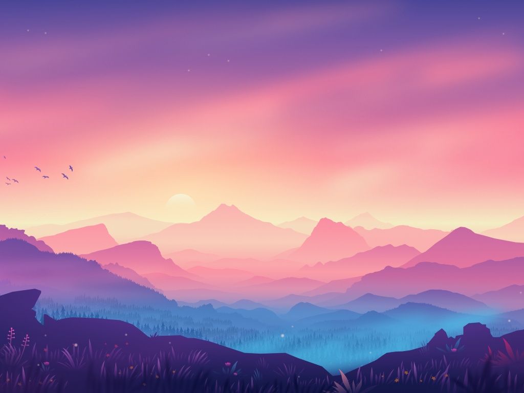 Berge, Sonnenuntergang, Rosa Himmel, Vögel, Minimalistisch, Hintergrundbild fürs iPad