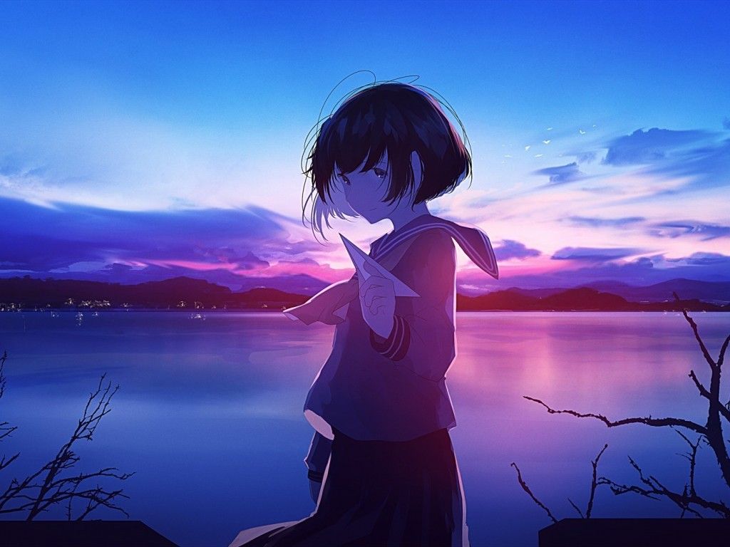Anime-Mädchen, Schuluniform, See, Abenddämmerung, Blauer Himmel, Hintergrundbild fürs iPad