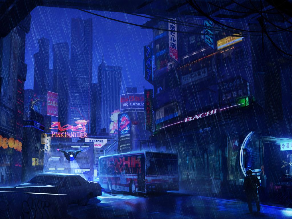 Cyberpunk, Stadt bei Nacht, Regen, Neonschilder, Futuristisch, Hintergrundbild fürs Tablet