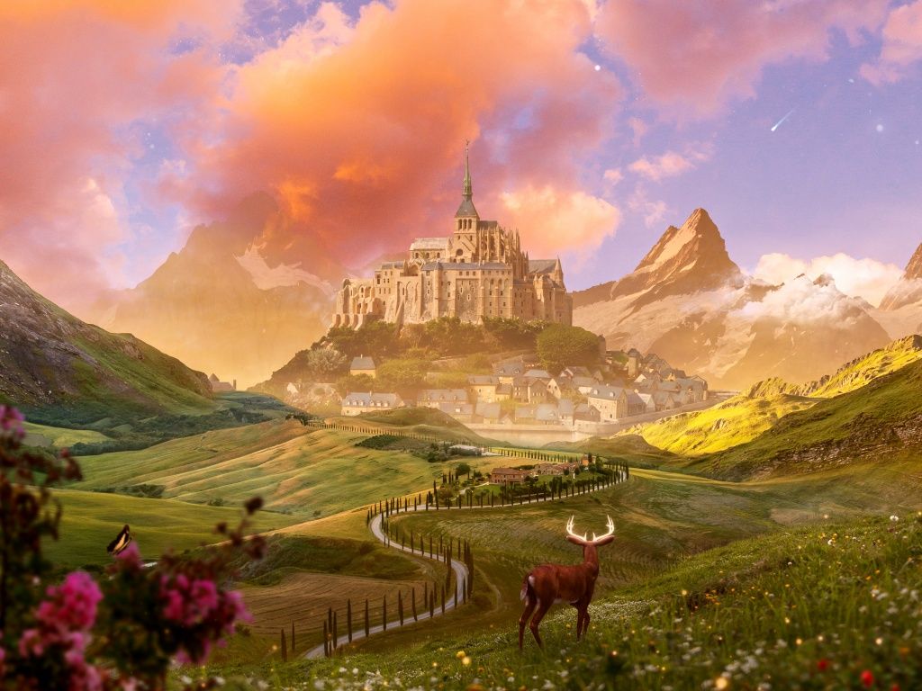 Burg, Hirsch, Berge, Tal, Fantasy, Goldenes Licht, Hintergrundbild für iPad und Tablet