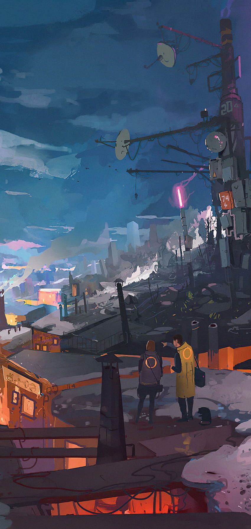 Anime-Stadt, Wolken, Strommasten, Dämmerung, Illustration, HD, iPhone-Hintergrundbild