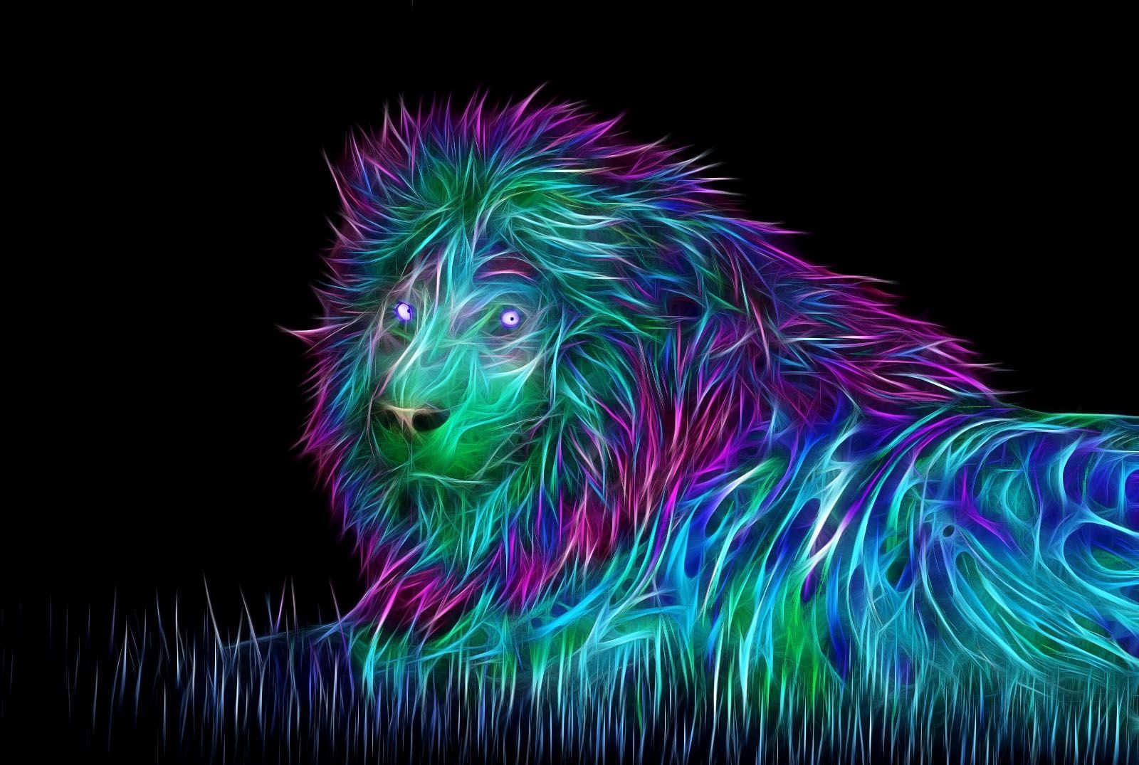 Löwe, Neonfell, Türkis, Lila, Digitale Kunst, HD, Hintergrundbild für den PC