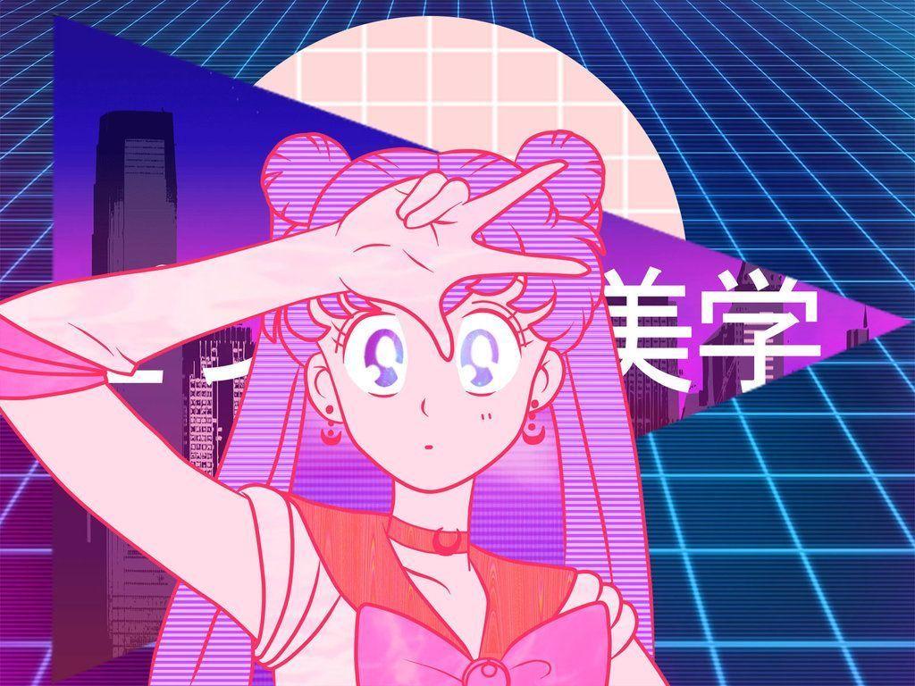 Sailor Moon, Usagi Tsukino, Vaporwave, Gitter, Japanische Schrift, Pink, Hintergrundbild fürs iPad
