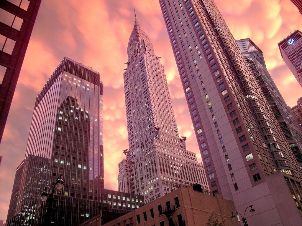 Chrysler Building, New York, Wolkenkratzer, Froschperspektive, Rosa Himmel, Hintergrundbild fürs Tablet