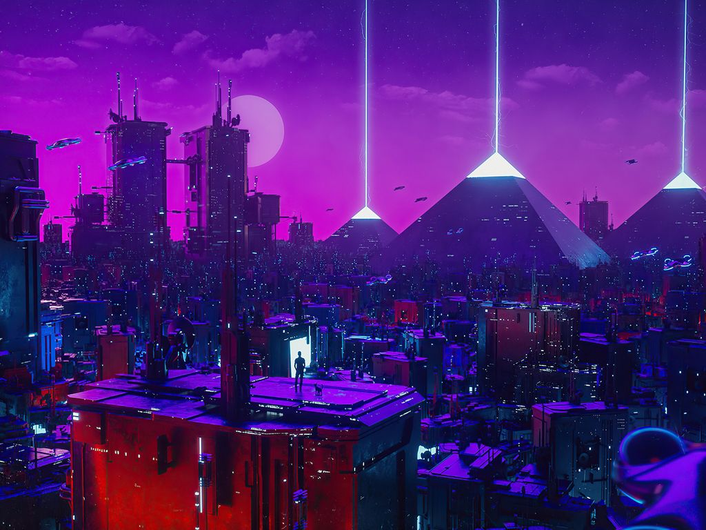 Pyramiden, Stadt, Lichtstrahlen, Mond, Synthwave, Lila, Hintergrundbild für iPad und Tablet