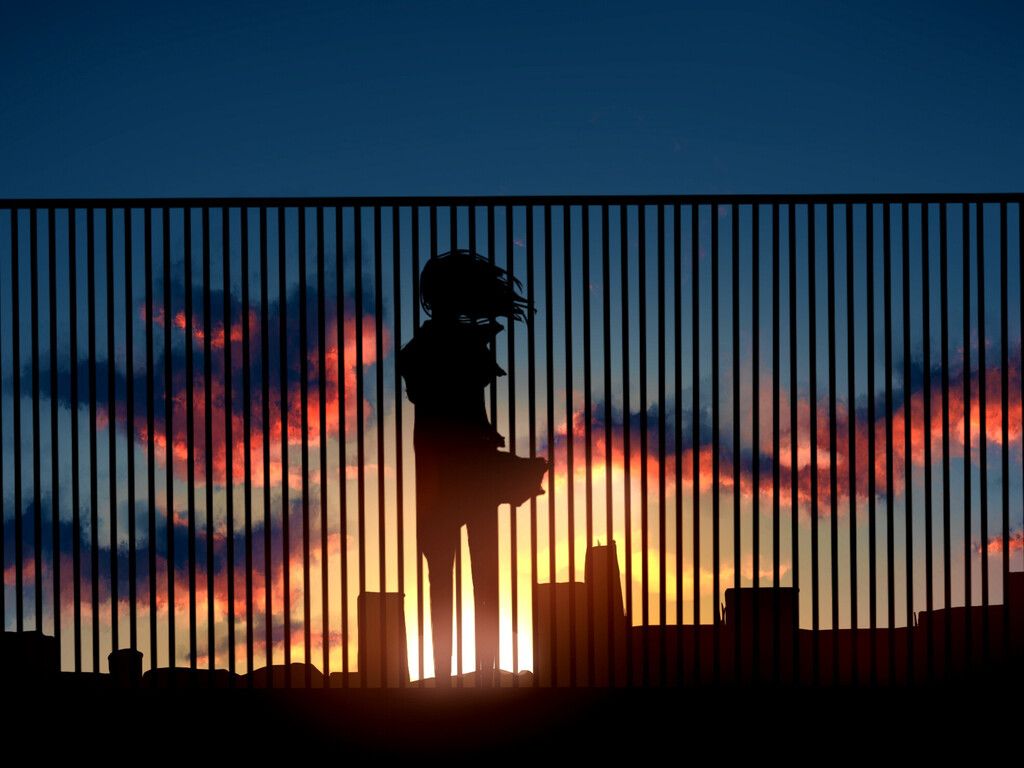 Anime-Silhouette, Zaun, Sonnenuntergang, Skyline, Wolken, Hintergrundbild fürs iPad
