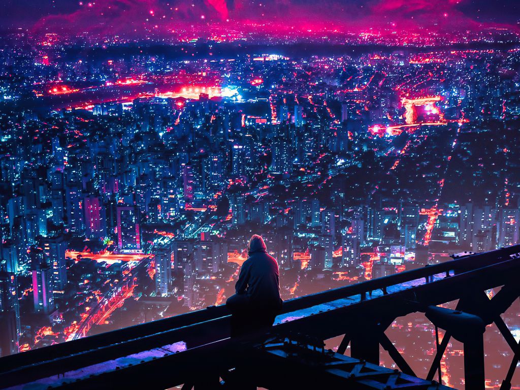 Stadt bei Nacht, Lichtermeer, Person, Geländer, Anime-Stil, Neon, Hintergrundbild fürs Tablet