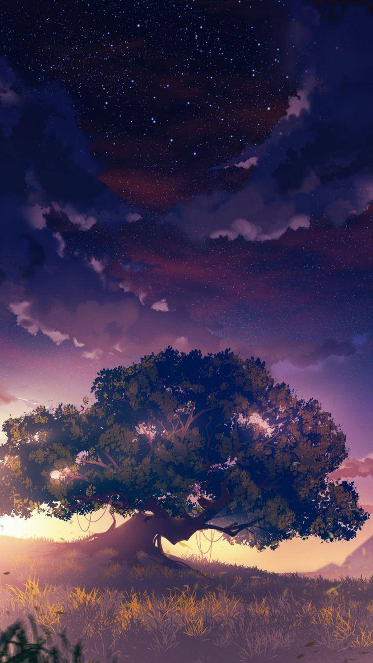 Großer Baum, Nachthimmel, Wolken, Digitale Malerei, Fantasy, HD, Handy-Hintergrund