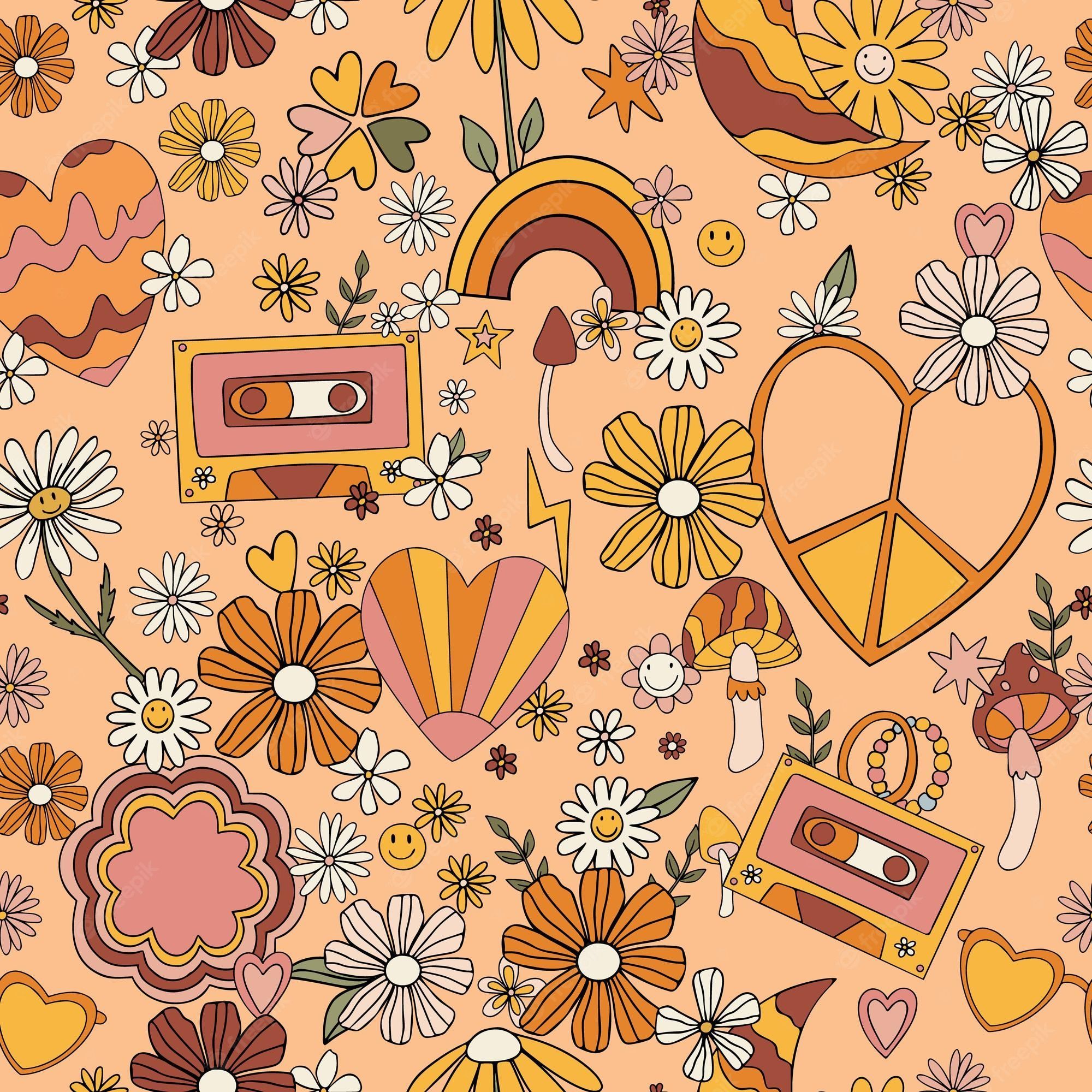 Hippie, Blumen, Peace-Zeichen, Kassette, Regenbogen, Orange, Full HD, iPad-Hintergrundbild