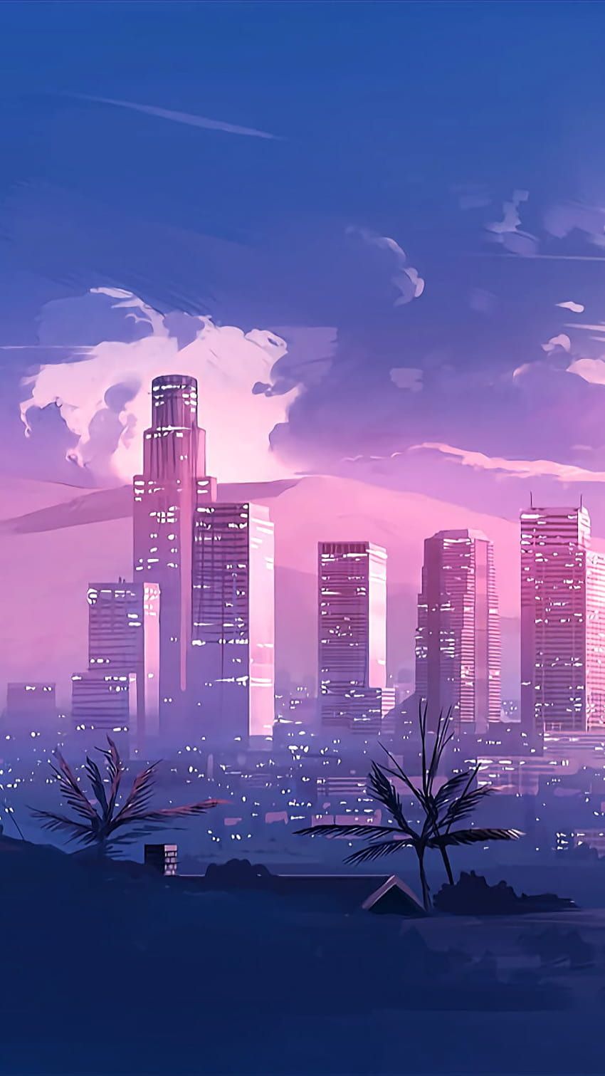 Skyline, Wolkenkratzer, Lila, Palmen, Digitale Malerei, HD, Handy-Hintergrund im Hochformat