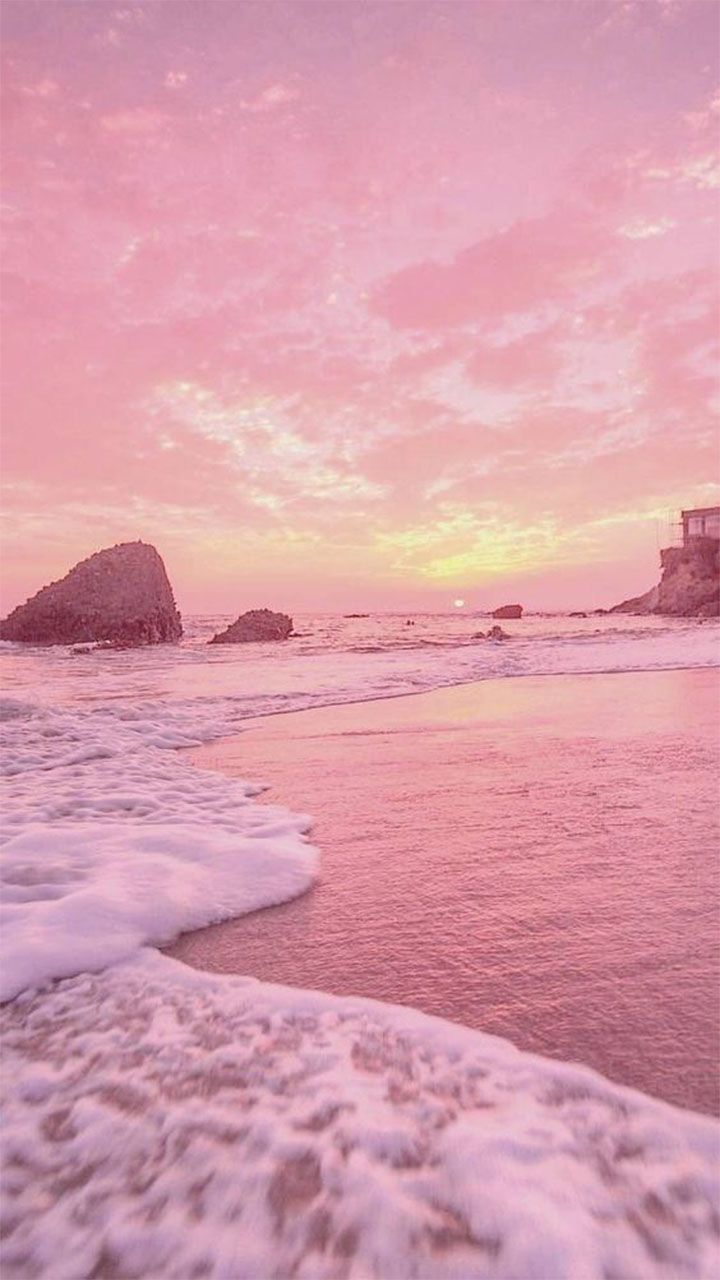 Strand, Wellen, Felsen, Rosa Himmel, Pastell, HD, Handy-Hintergrund im Hochformat