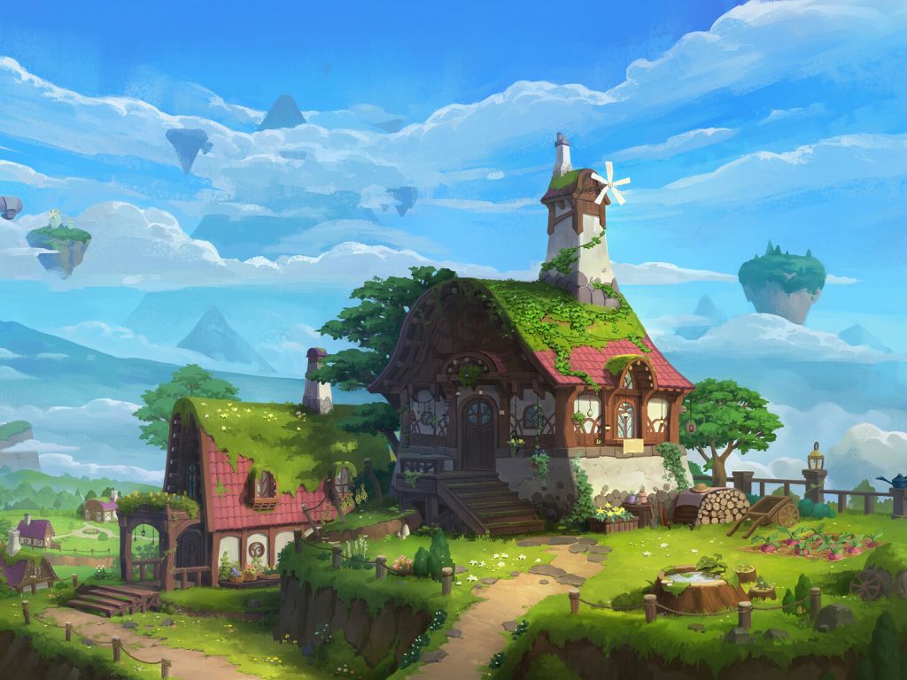 Haus, Fantasy, Schwebende Inseln, Wiese, Blauer Himmel, Illustration, Hintergrundbild fürs Tablet