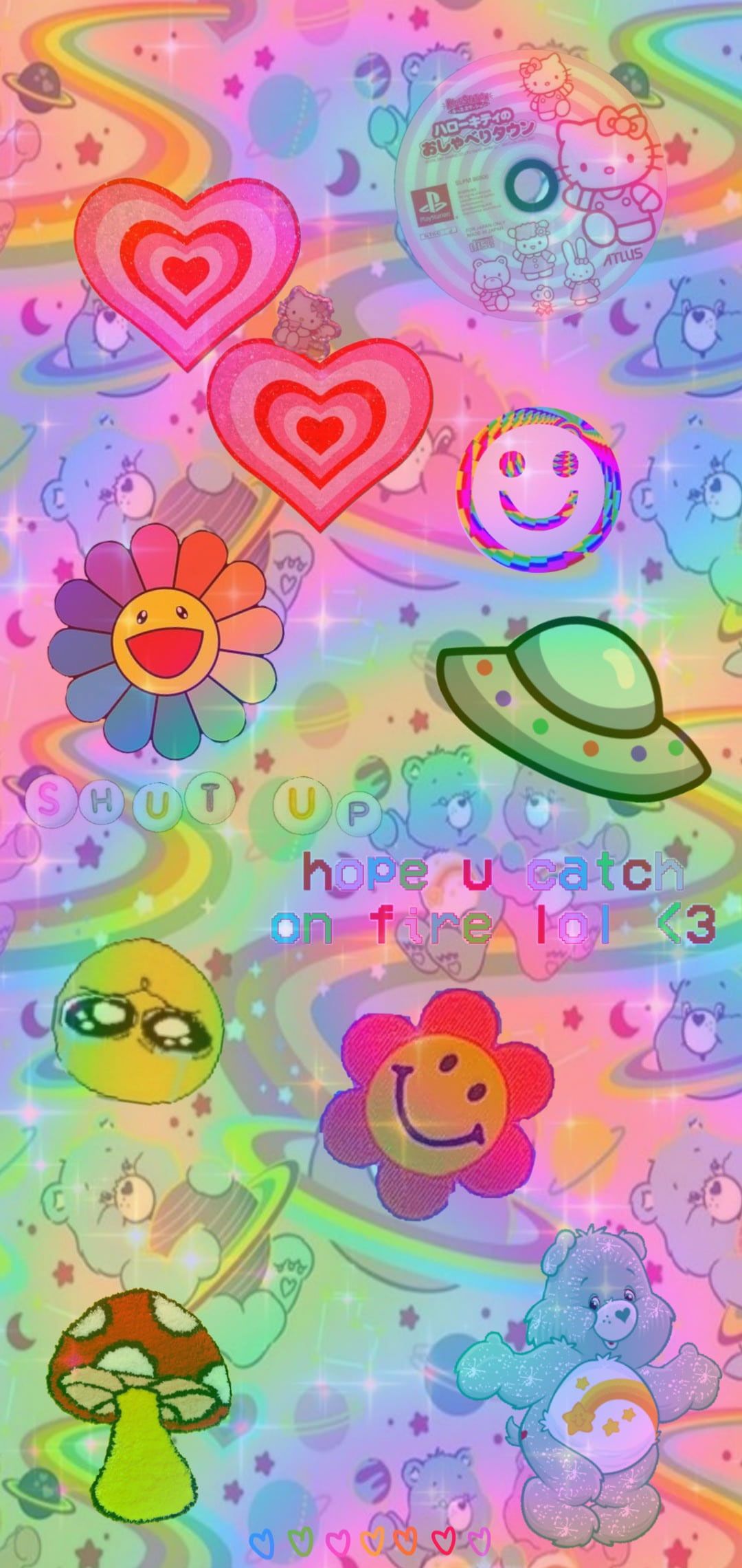 Psychedelisch, Herzen, Smileys, UFO, Bunt, Y2K, Full HD, Hintergrundbild fürs Handy