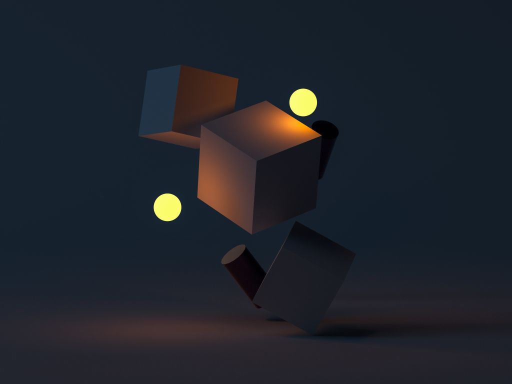Würfel, 3D-Render, Leuchtkugeln, Minimalistisch, Dunkel, Hintergrundbild fürs iPad