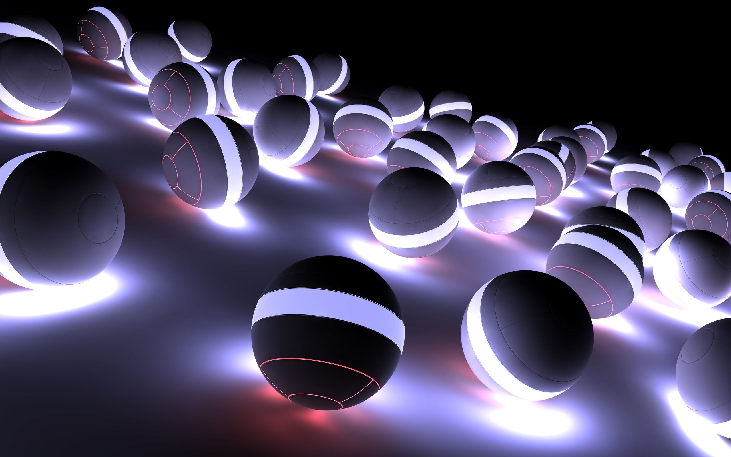 Kugeln, Leuchtende Ringe, Weiß, Dunkel, 3D-Rendering, 2K, Desktop-Hintergrund für Windows