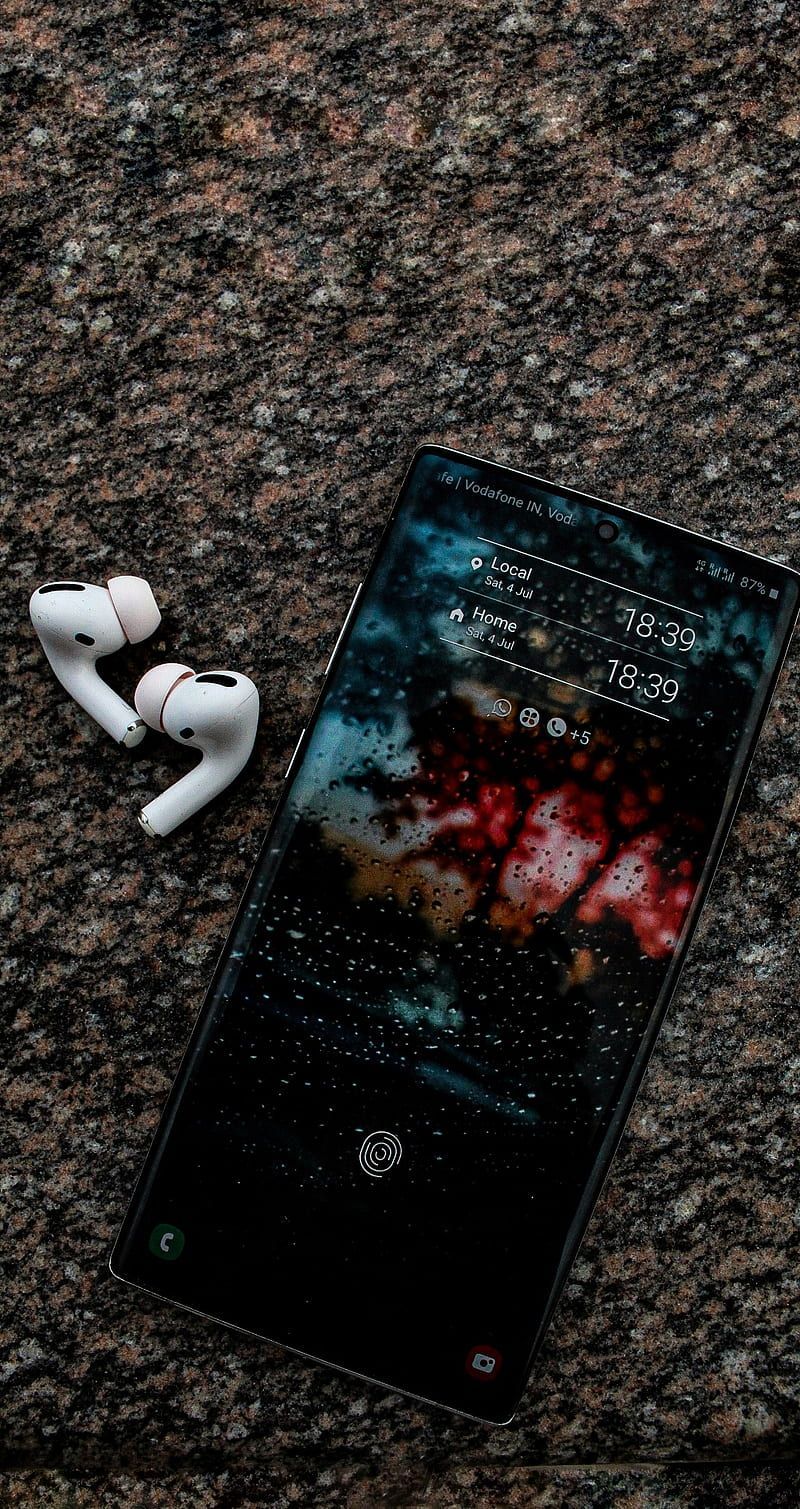 Handy, Kopfhörer, Granit, Stillleben, Draufsicht, Hintergrundbild für iPhone und Android