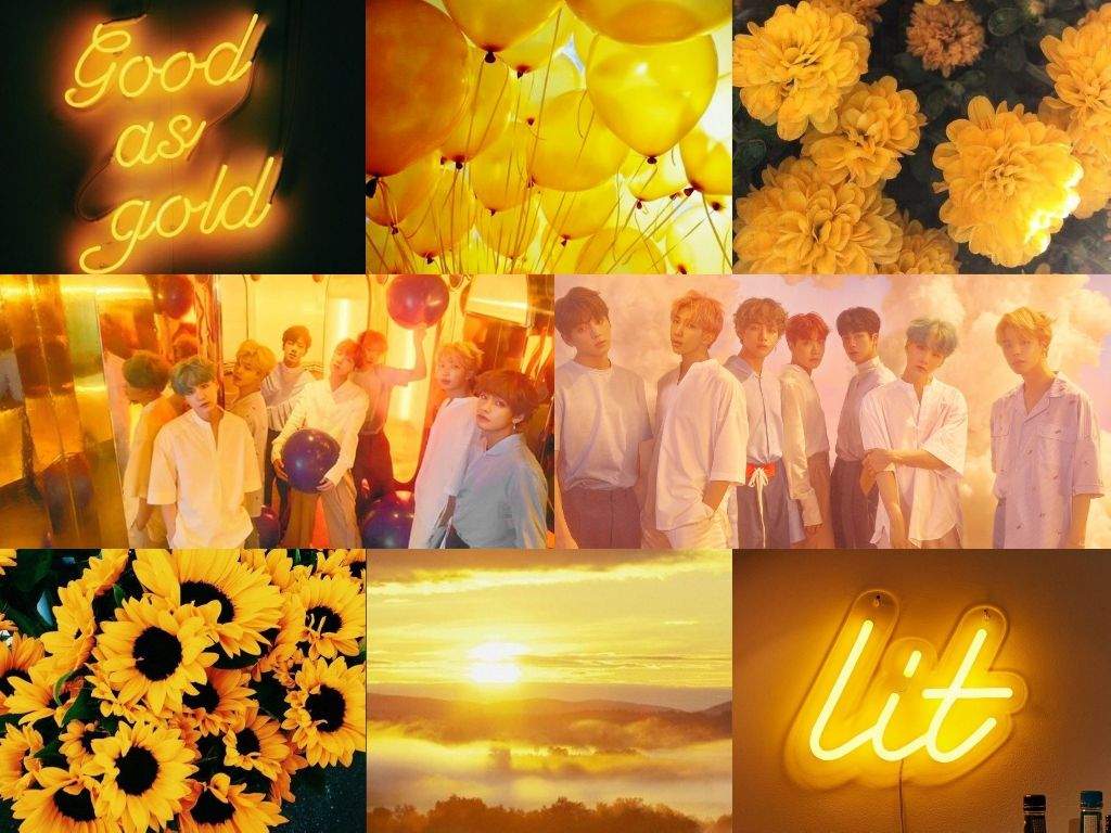 BTS, Collage, Sonnenblumen, Gelb, Neonschrift, K-Pop, Hintergrundbild für iPad und Tablet