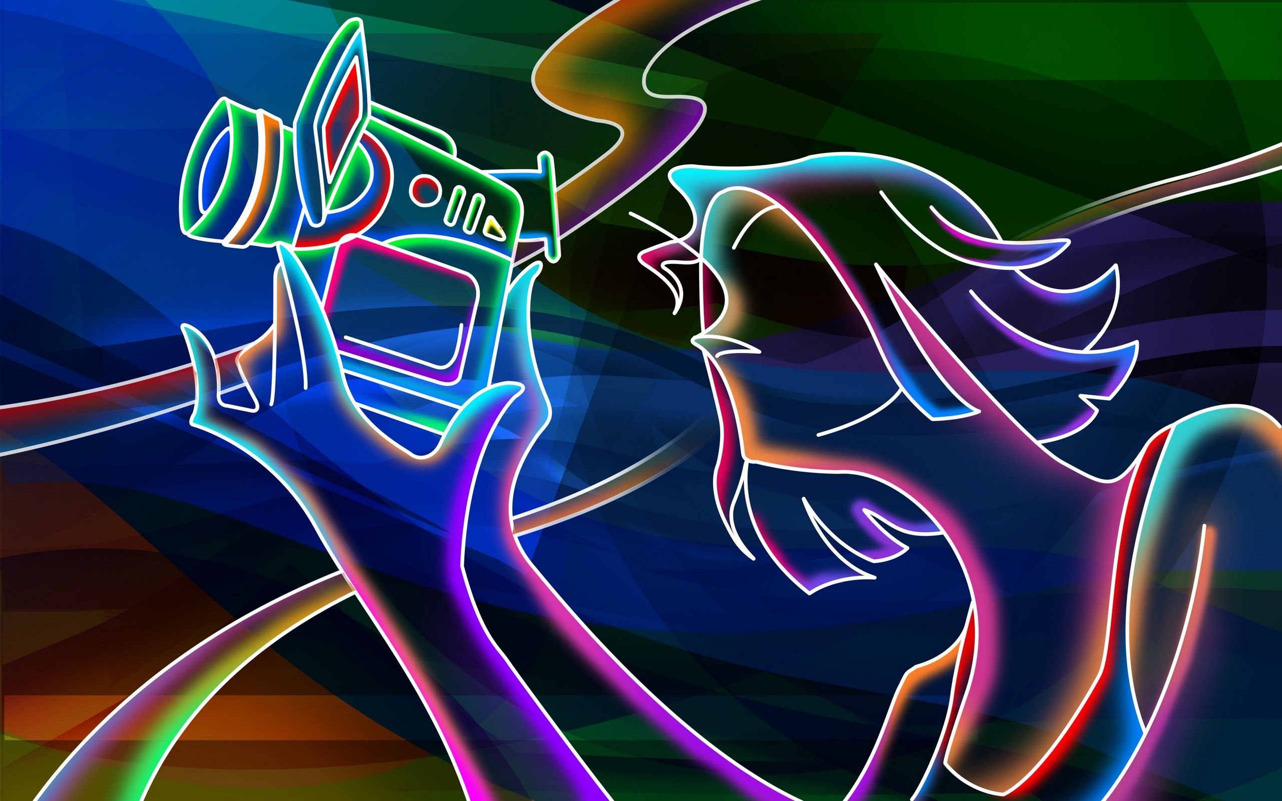 Fotograf, Kamera, Frau, Neonlinien, Illustration, 16:10, 2K-Hintergrundbild für den Desktop