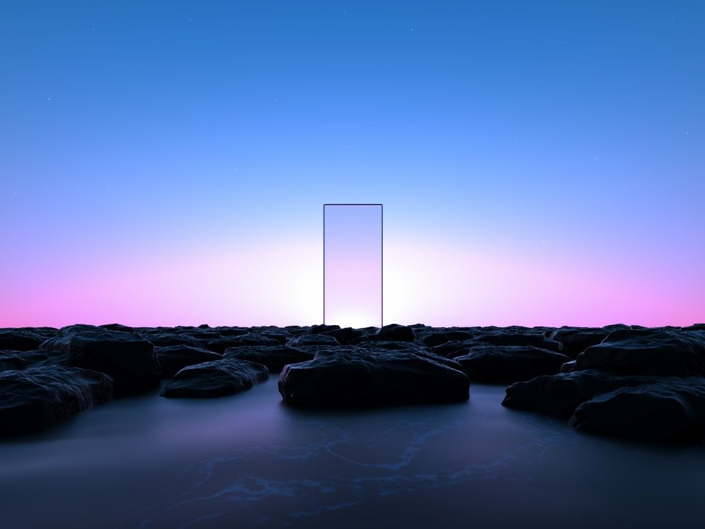 Portal, Steine, Wasser, Abenddämmerung, Minimalistisch, Surreal, Hintergrundbild fürs iPad