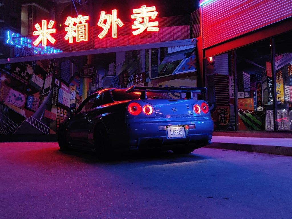 Nissan Skyline GT-R R34, Sportwagen, Neonschild, Chinesische Schrift, Nacht, Tablet-Hintergrund