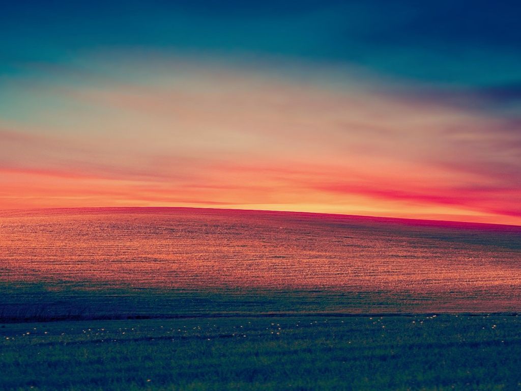 Sonnenuntergang, Feld, Horizont, Orange Himmel, Minimalistisch, Hintergrundbild fürs Tablet