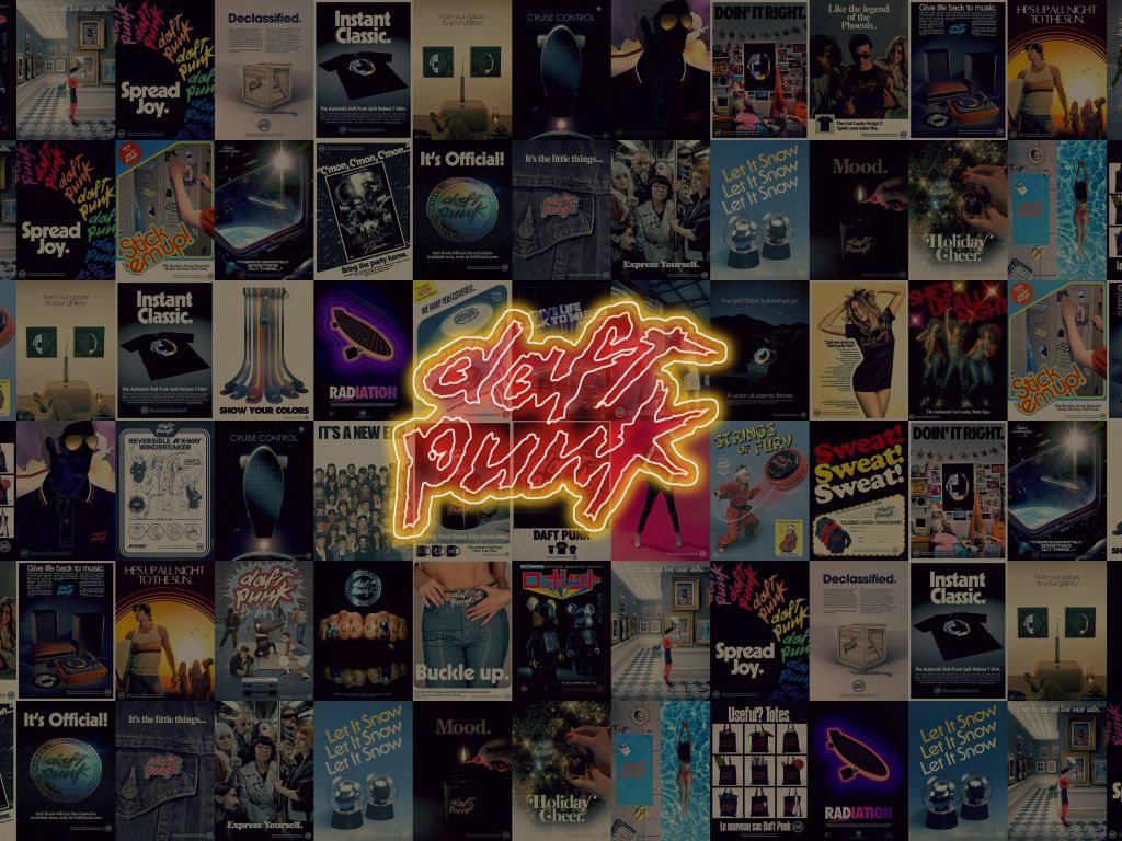 Daft Punk, Collage, Plattencover, Neonschrift, Musik, Hintergrundbild für iPad und Tablet