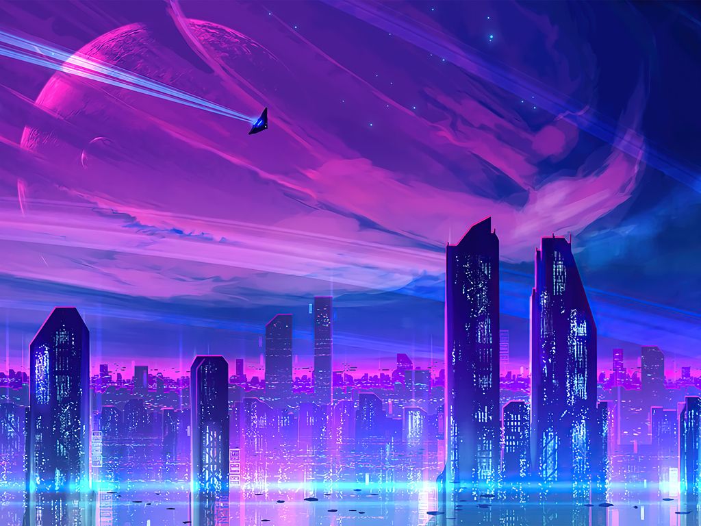 Futuristische Stadt, Planet, Wolkenkratzer, Synthwave, Neon, Weltraum, Hintergrundbild fürs iPad