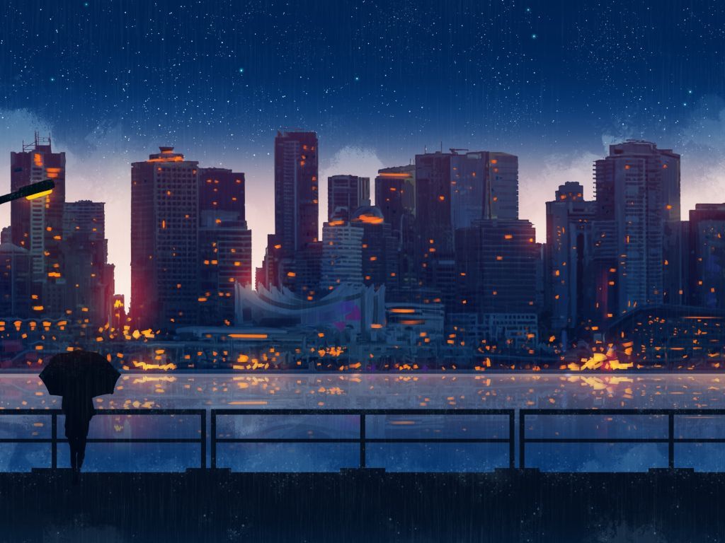 Skyline, Stadt bei Nacht, Promenade, Sterne, Wasser, Hintergrundbild für iPad und Tablet