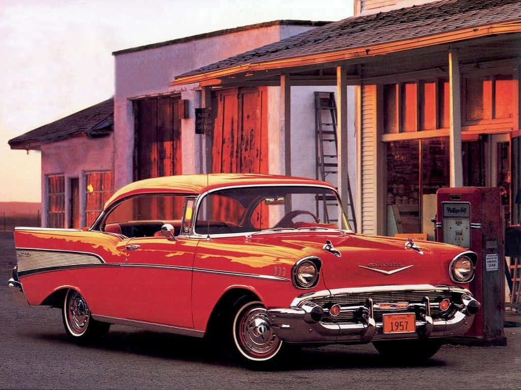 Chevrolet Bel Air, Oldtimer, Rotes Auto, Tankstelle, Retro, Hintergrundbild fürs Tablet