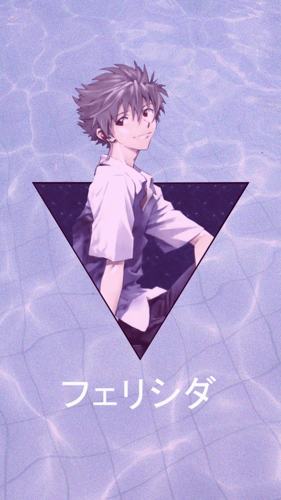 Anime-Junge, Dreieck, Japanische Schrift, Lila, Wasser, Full HD, Handy-Hintergrund im Hochformat