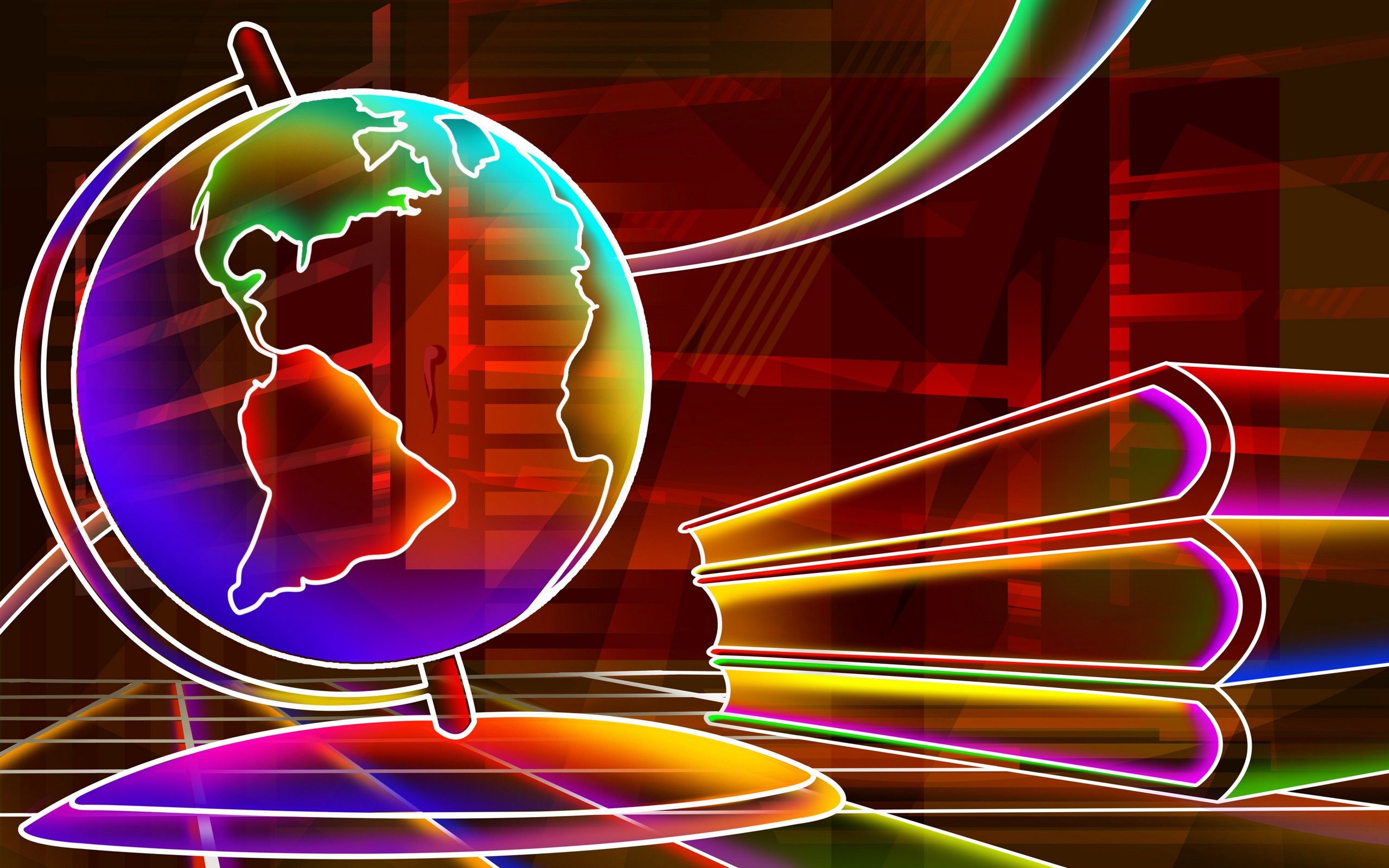 Globus, Bücher, Neonlinien, Rot, Illustration, 16:10, 2K-Hintergrundbild für den Desktop