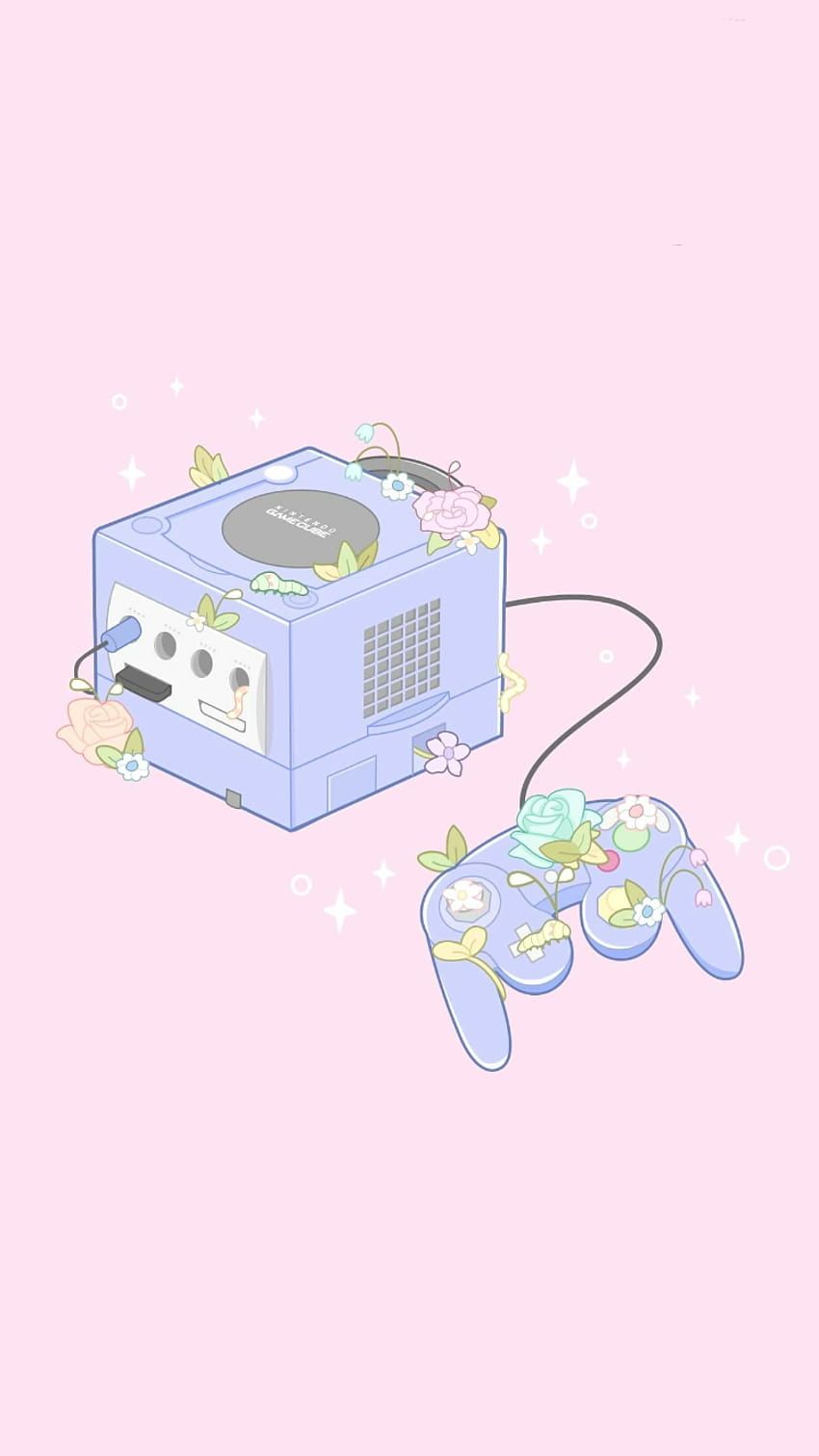 Nintendo GameCube, Controller, Pastellrosa, Illustration, Kawaii, Hintergrundbild fürs Handy