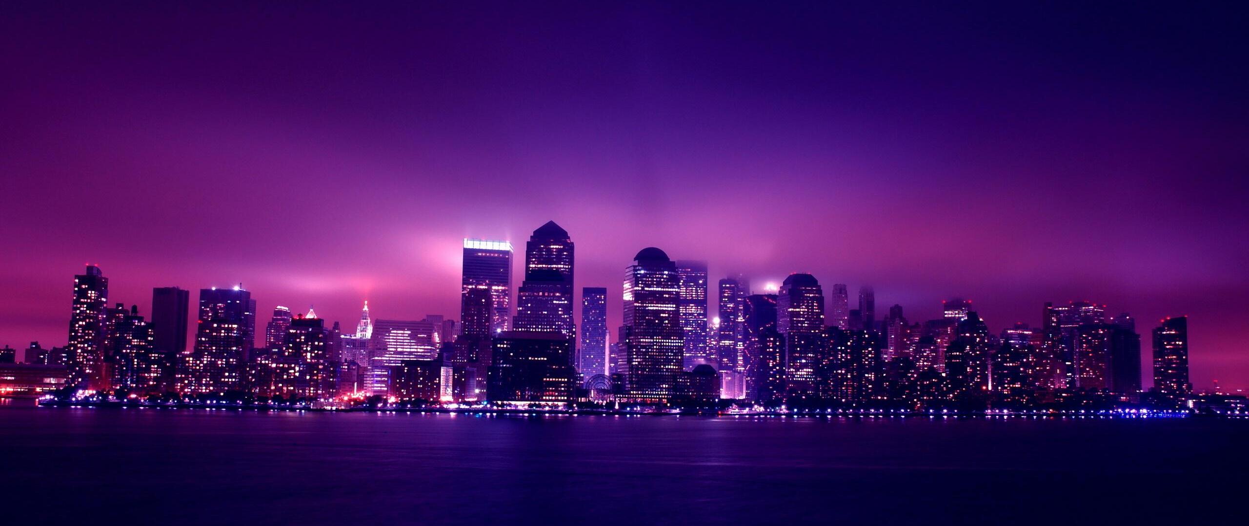 Skyline, Stadt bei Nacht, Lila Licht, Wasser, 2K, Hintergrundbild für den PC