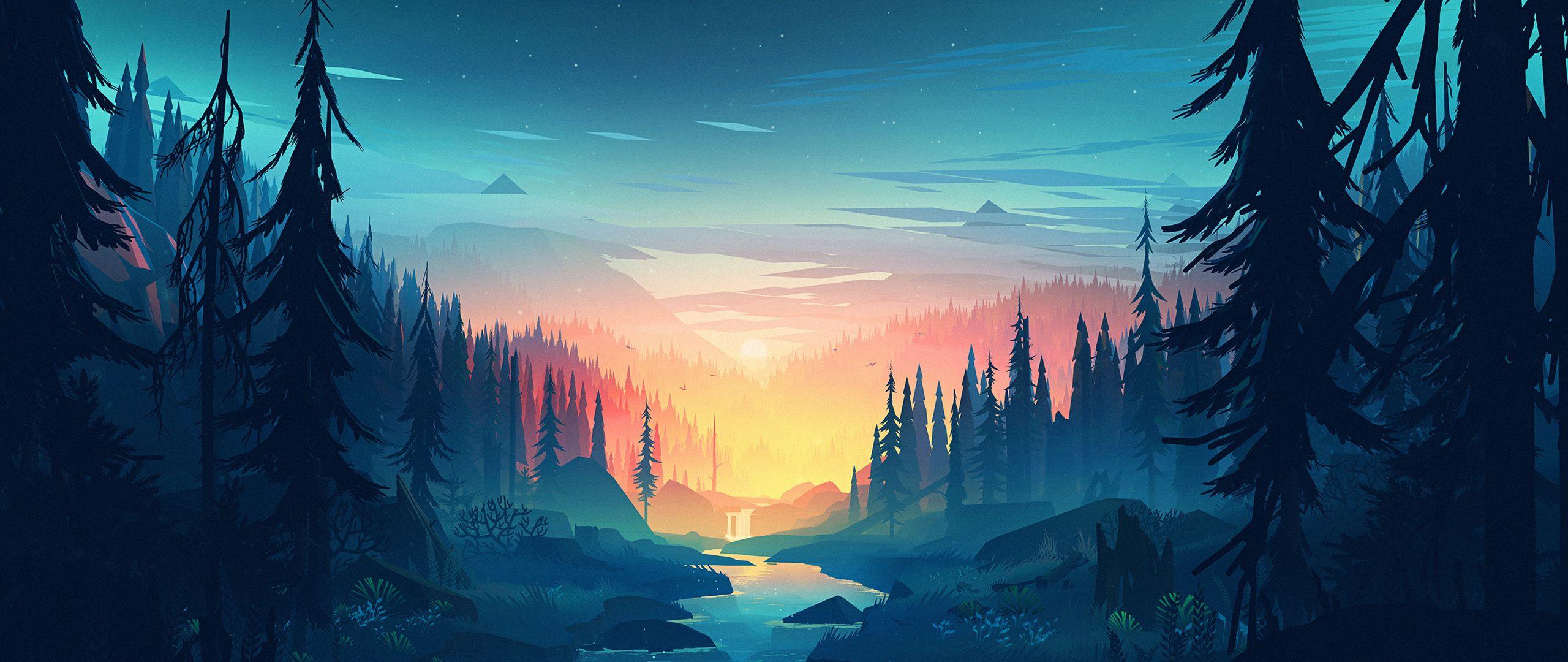 Wald, Fluss, Tannen, Sonnenuntergang, Flachdesign, 21:9, 2K-Hintergrundbild für den Desktop