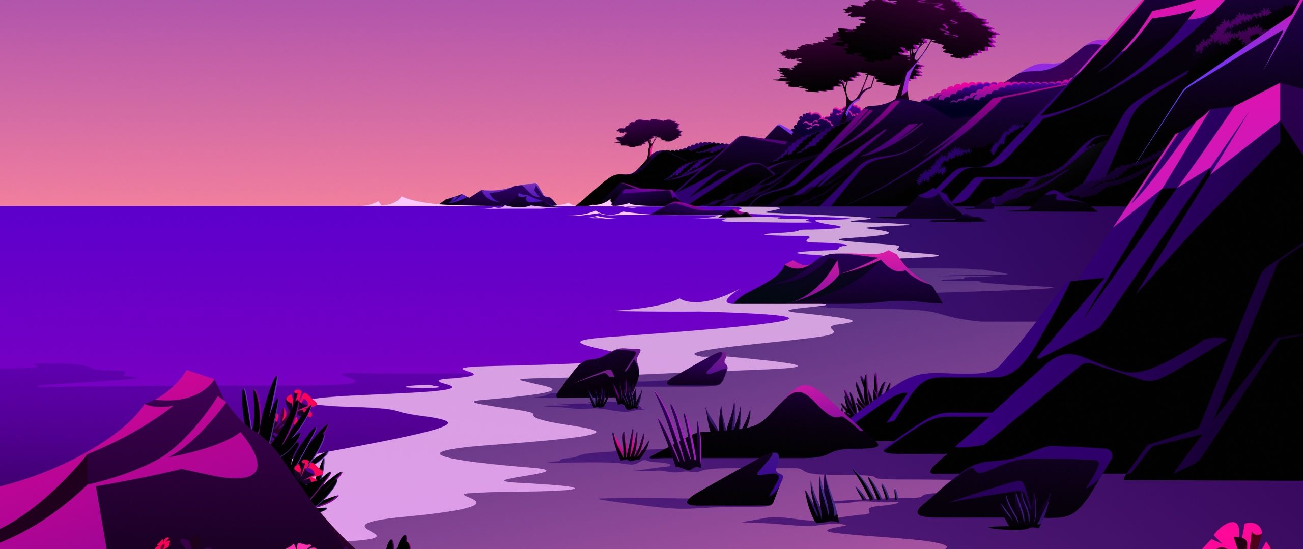 Küste, Meer, Felsen, Lila, Low-Poly, 2K, Hintergrundbild für den PC