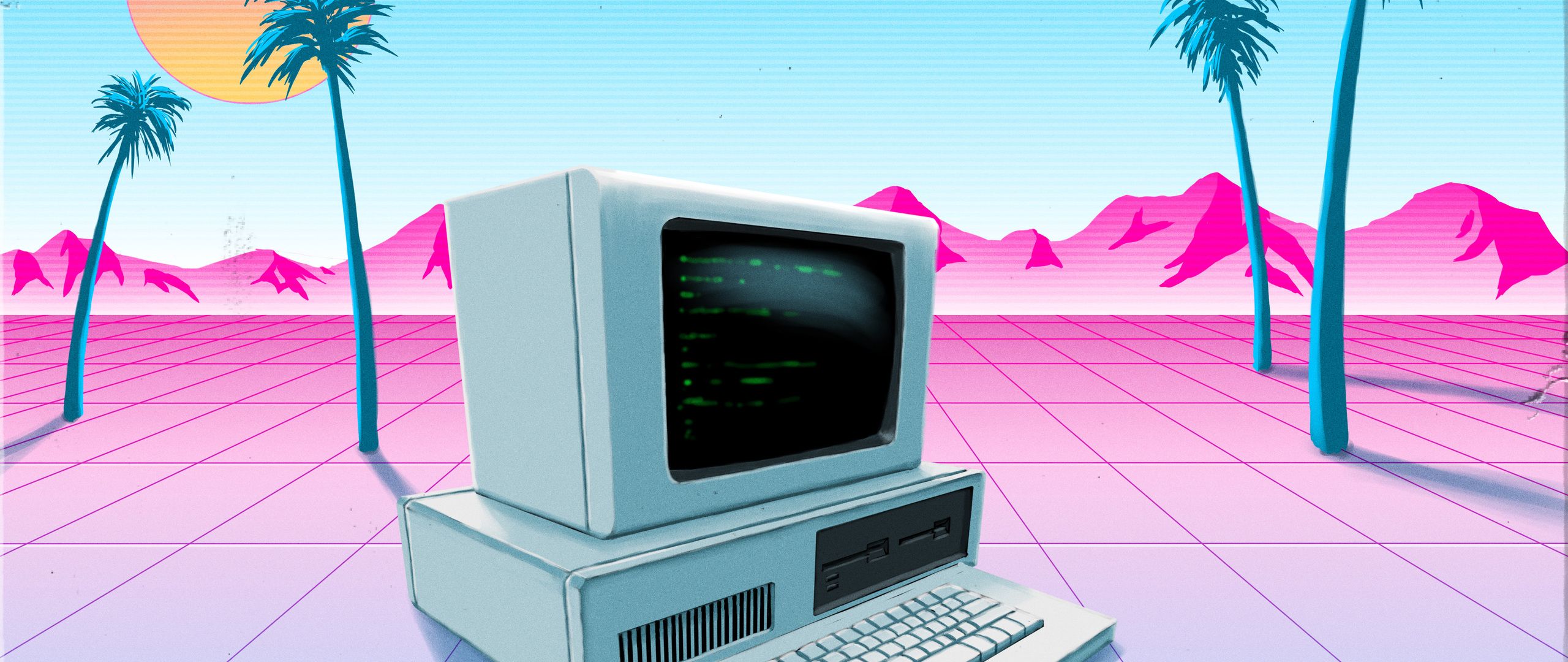 Retro-Computer, Palmen, Vaporwave, Gitter, Pastell, 2K, Hintergrund für den Desktop