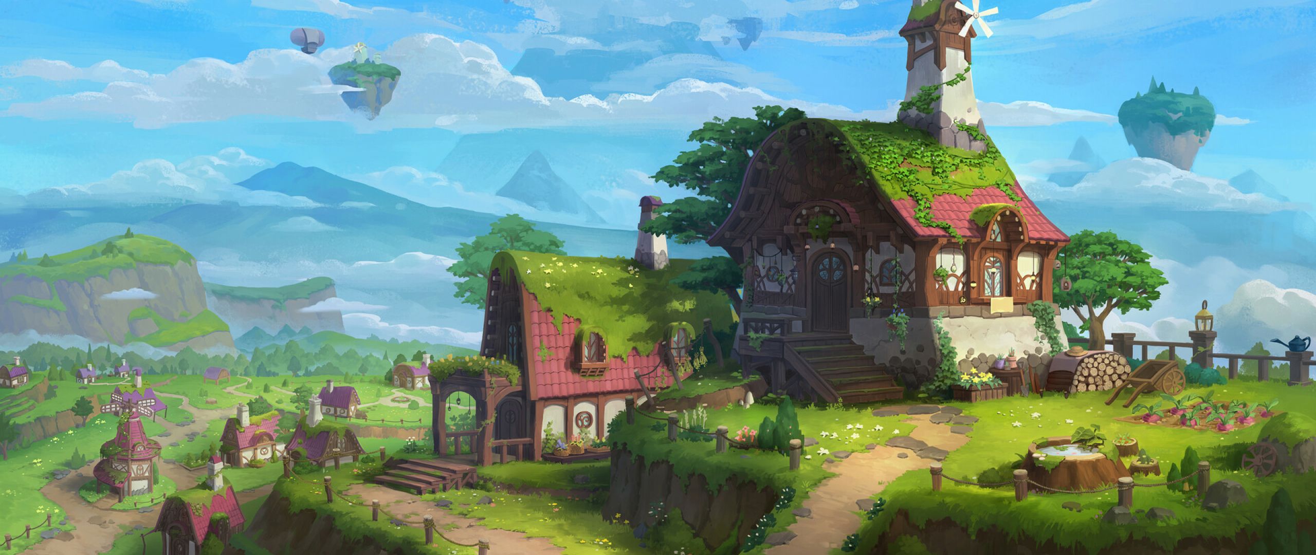 Haus, Fantasy, Schwebende Inseln, Wiese, Illustration, 21:9, 2K-Hintergrundbild für den Desktop