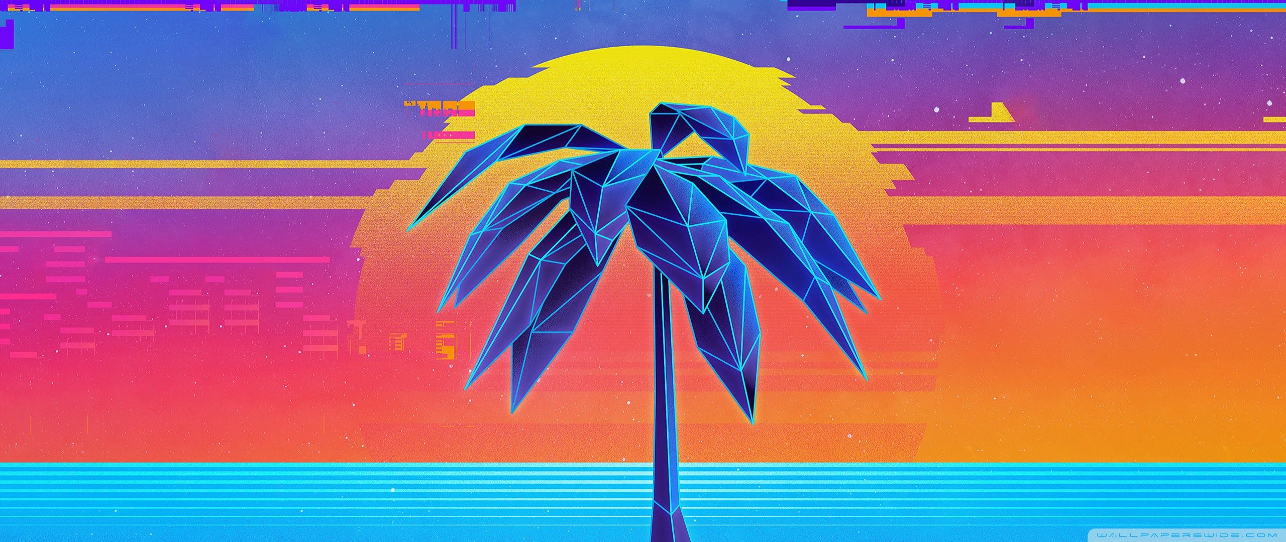Palme, Sonne, Synthwave, Low-Poly, Glitch, 2K, Hintergrundbild für den PC