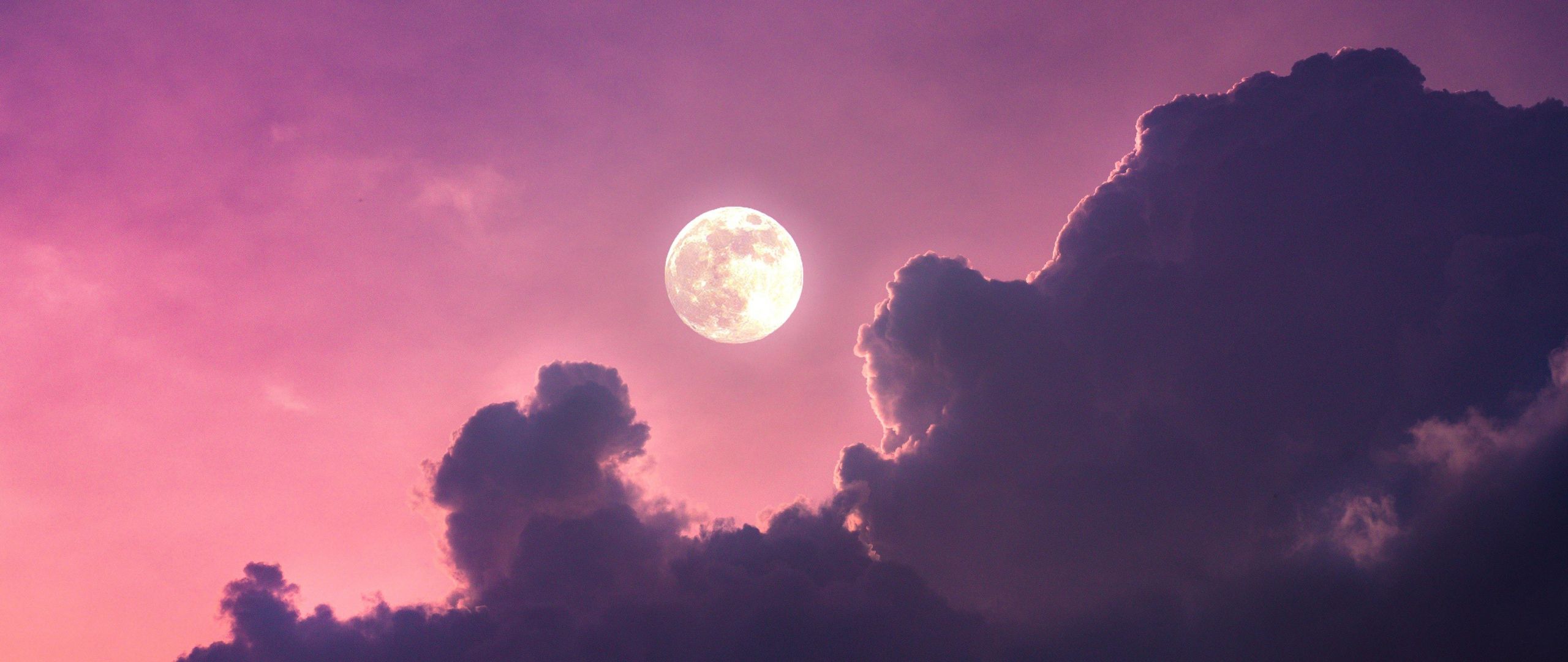 Vollmond, Wolken, Rosa Himmel, Nacht, 2K, Desktop-Hintergrund für Windows