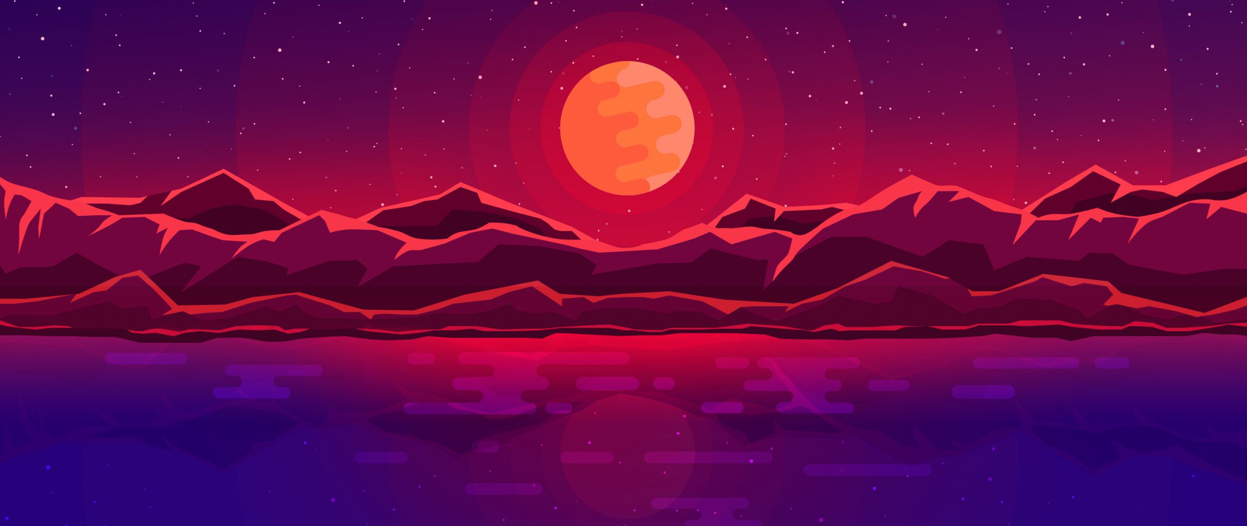 Roter Mond, Berge, Synthwave, Neonlinien, Lila, 21:9, 2K-Hintergrundbild für den Desktop