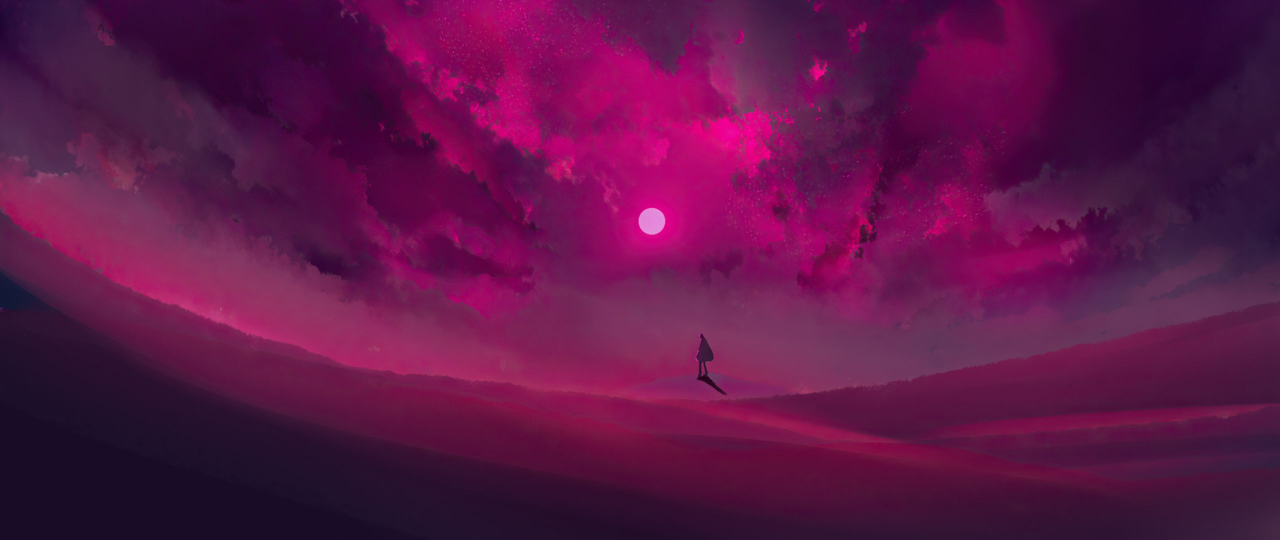 Nebel, Weltraum, Magenta, Person, Surreal, 21:9, 2K-Hintergrundbild für den Desktop