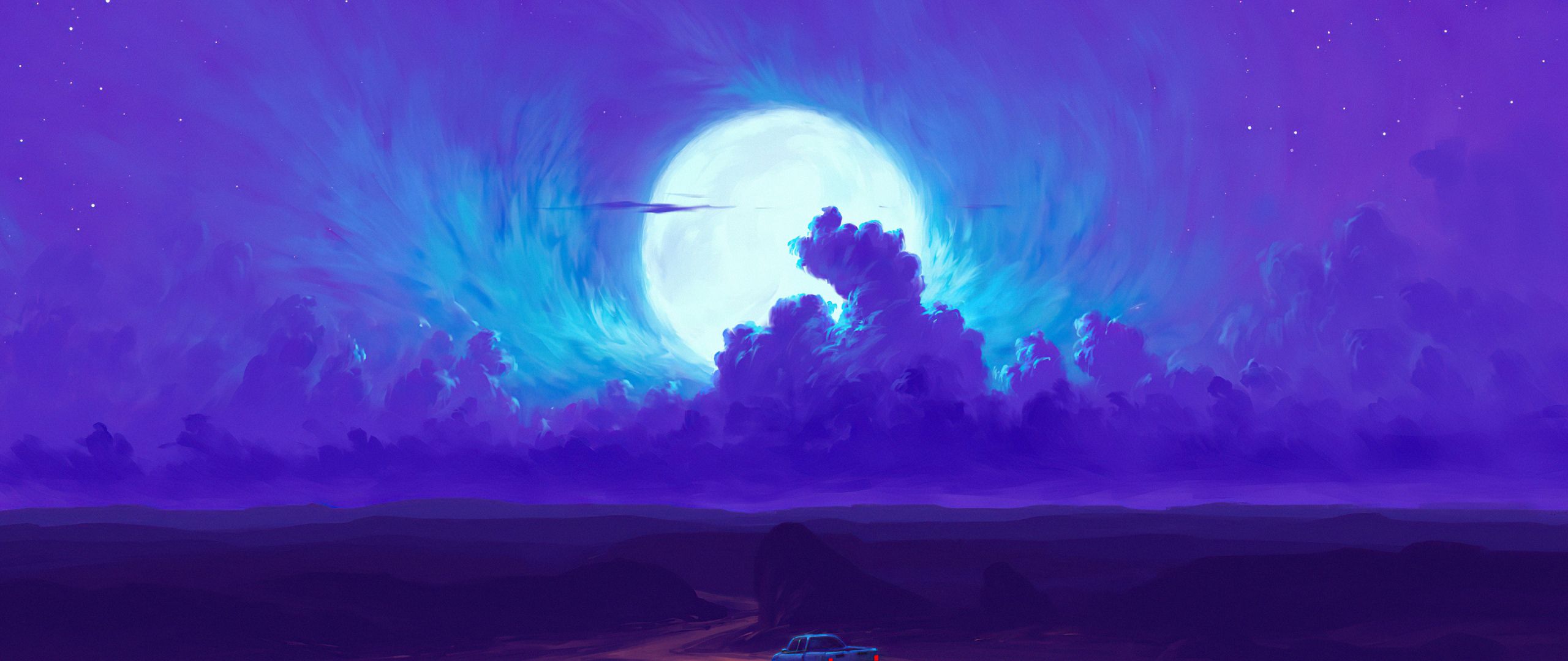 Mond, Wolken, Lila, Blau, Digitale Malerei, 2K, Hintergrundbild für den PC