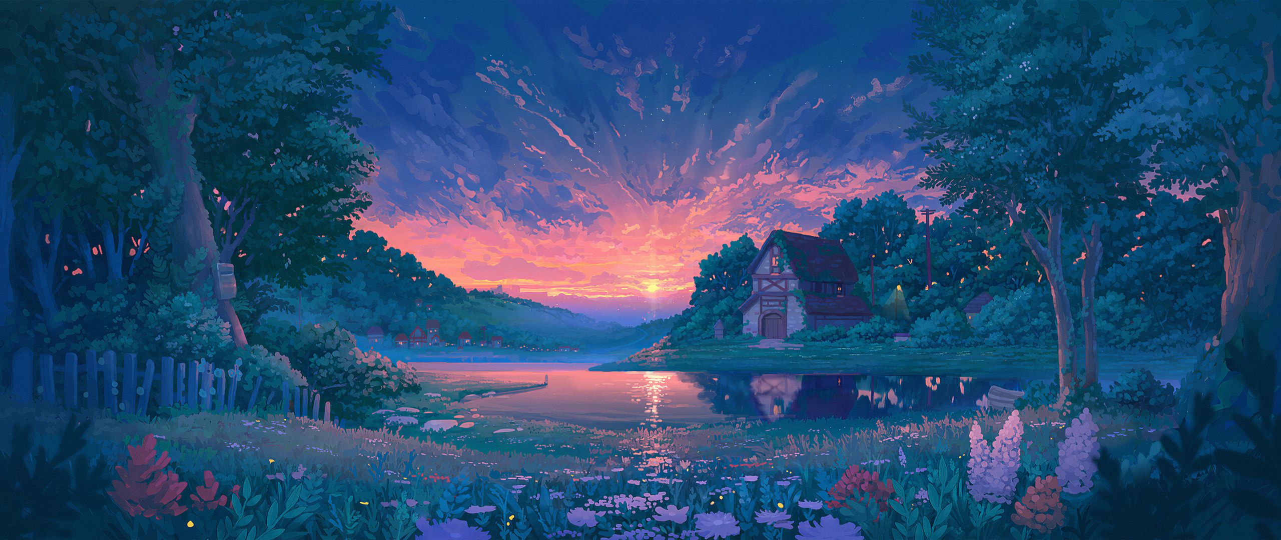Haus, See, Wald, Sonnenuntergang, Illustration, 2K, Hintergrund für den Desktop