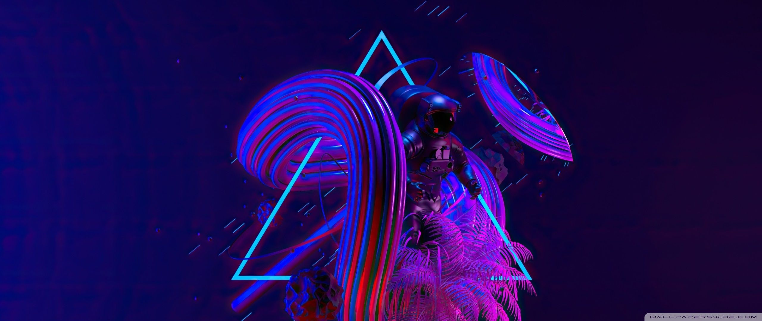 Dreieck, Neon, Abstrakt, Lila, Blau, 21:9, 2K-Hintergrundbild für den Desktop