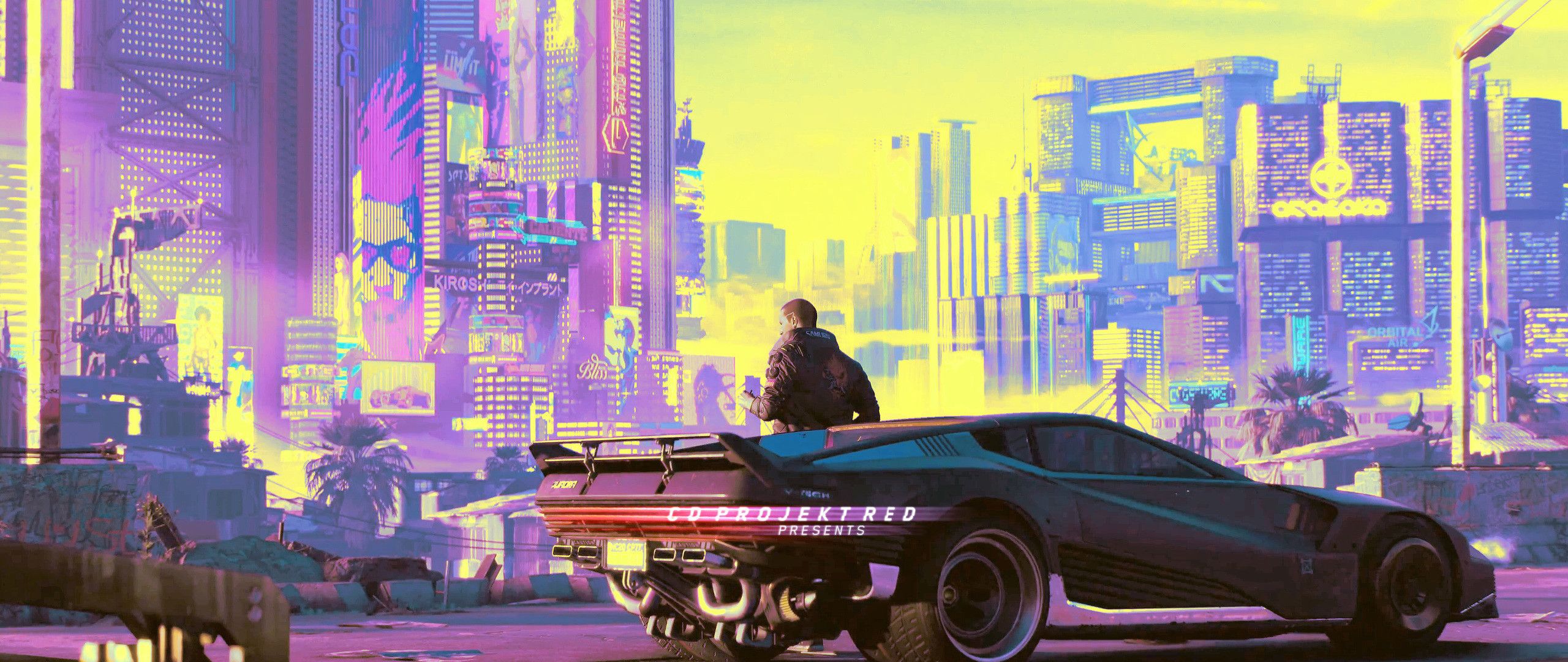 Cyberpunk, Sportwagen, Futuristische Stadt, Person, Pastell, 2K, Desktop-Hintergrund