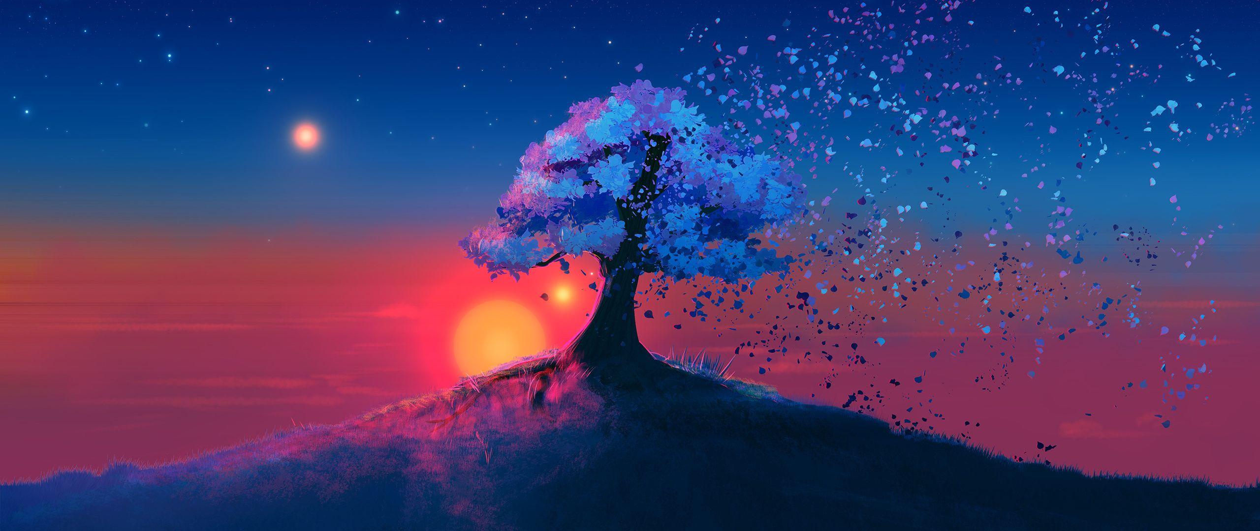 Baum, Sonnenuntergang, Hügel, Blätter, Fantasy, 21:9, 2K-Hintergrundbild für den Desktop